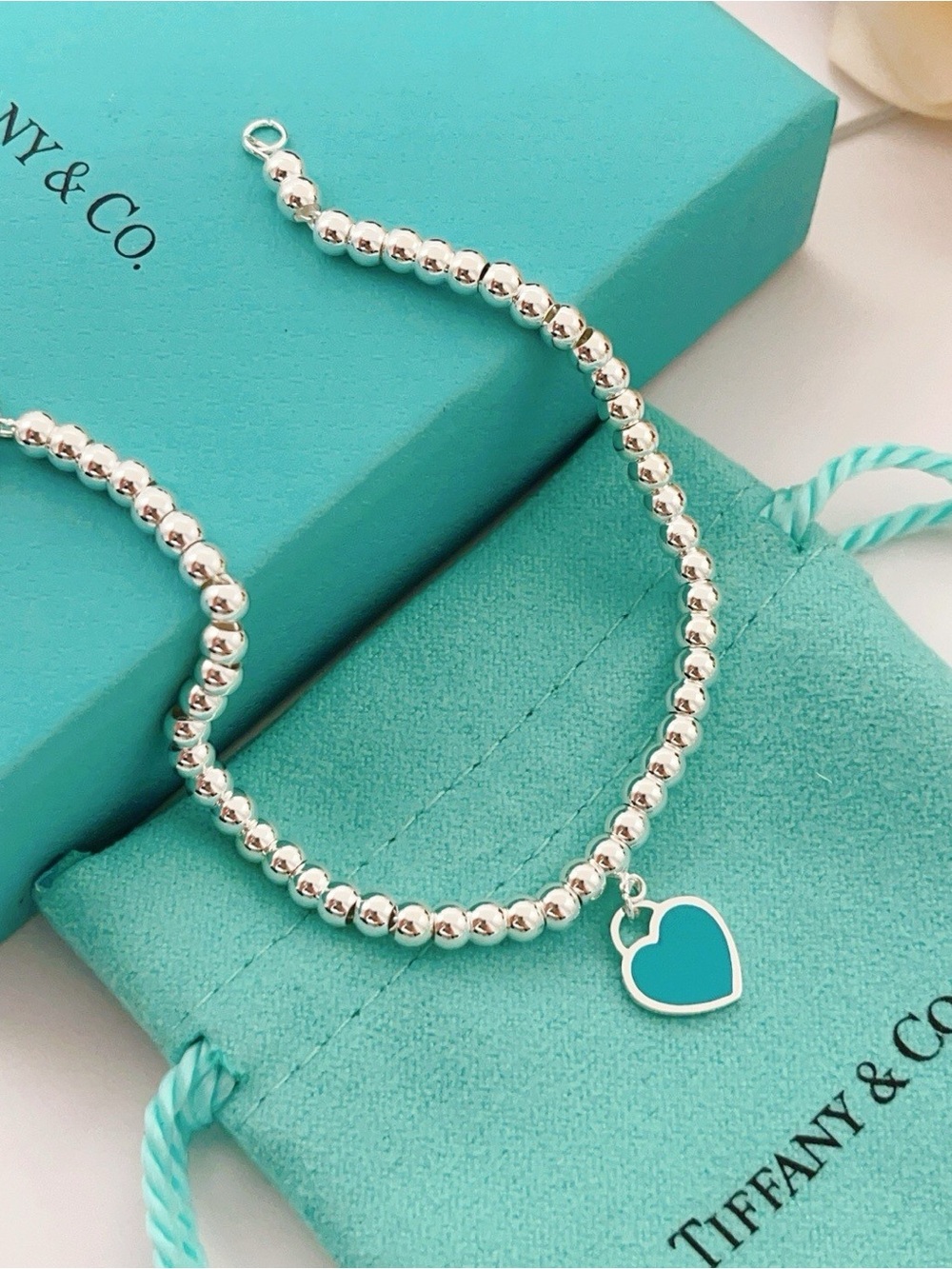 Tiffany & Co. Silver Bead Bracelet with Turquoise Heart Enamel Charm